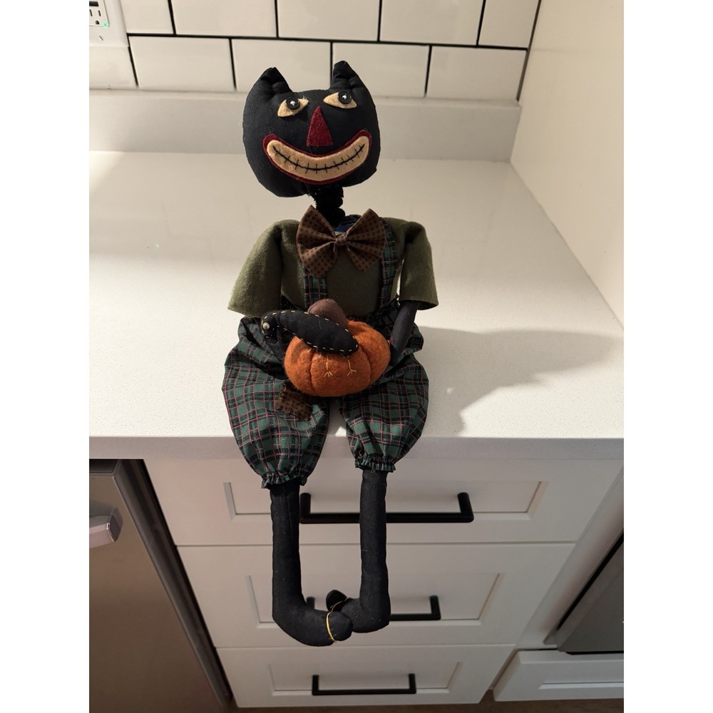 Whimsy/Primitive Cat/pumpkin Doll Folk Art Black Halloween Decor Shelf Sitter